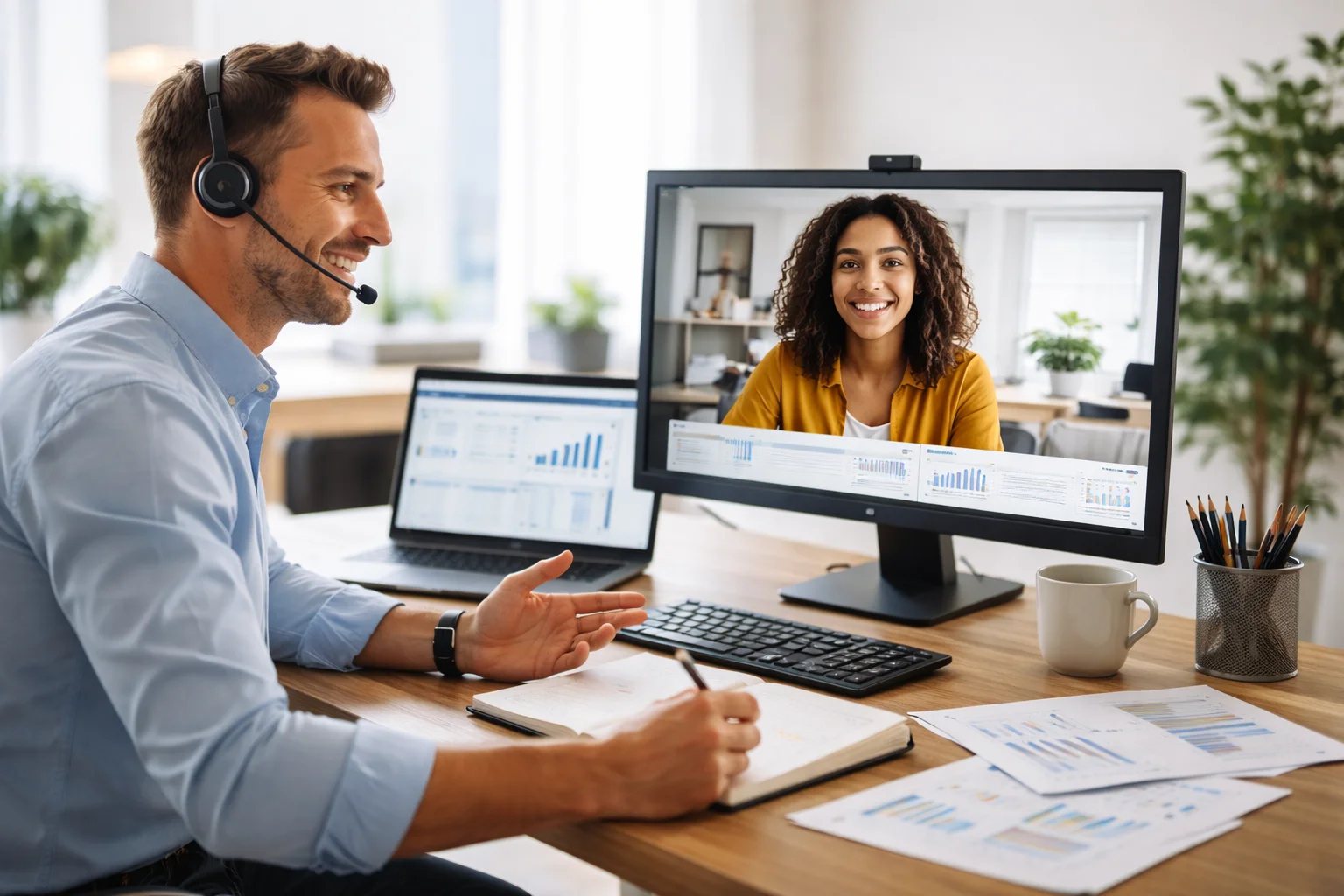 Tax professional on a video call with a client; financial charts visible on the monitor and desk