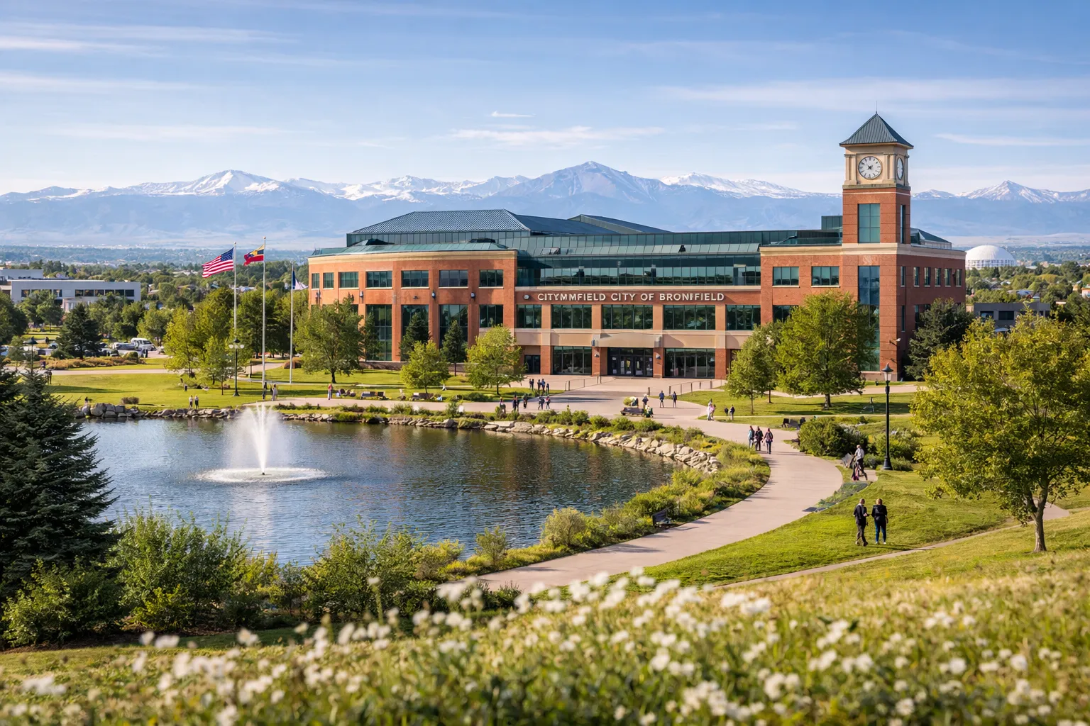 Broomfield, Colorado civic center with park, pond, and Rocky Mountain backdrop