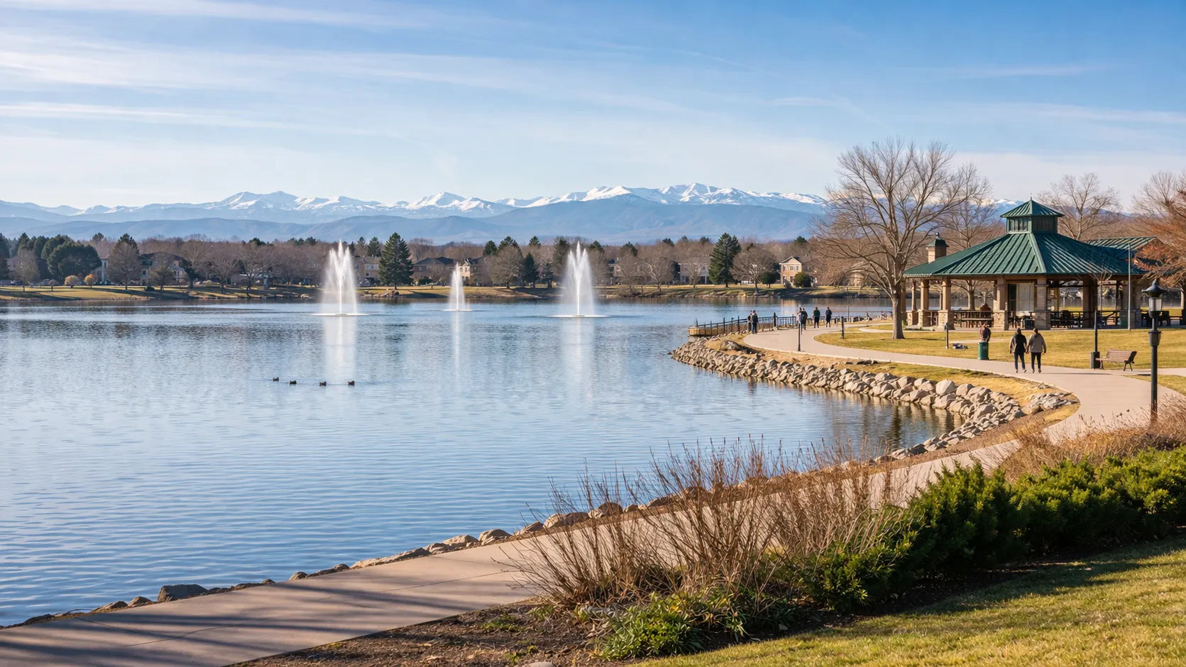 Webster Lake at E.B. Rains Jr. Memorial Park in Northglenn, Colorado with fountains and mountain views
