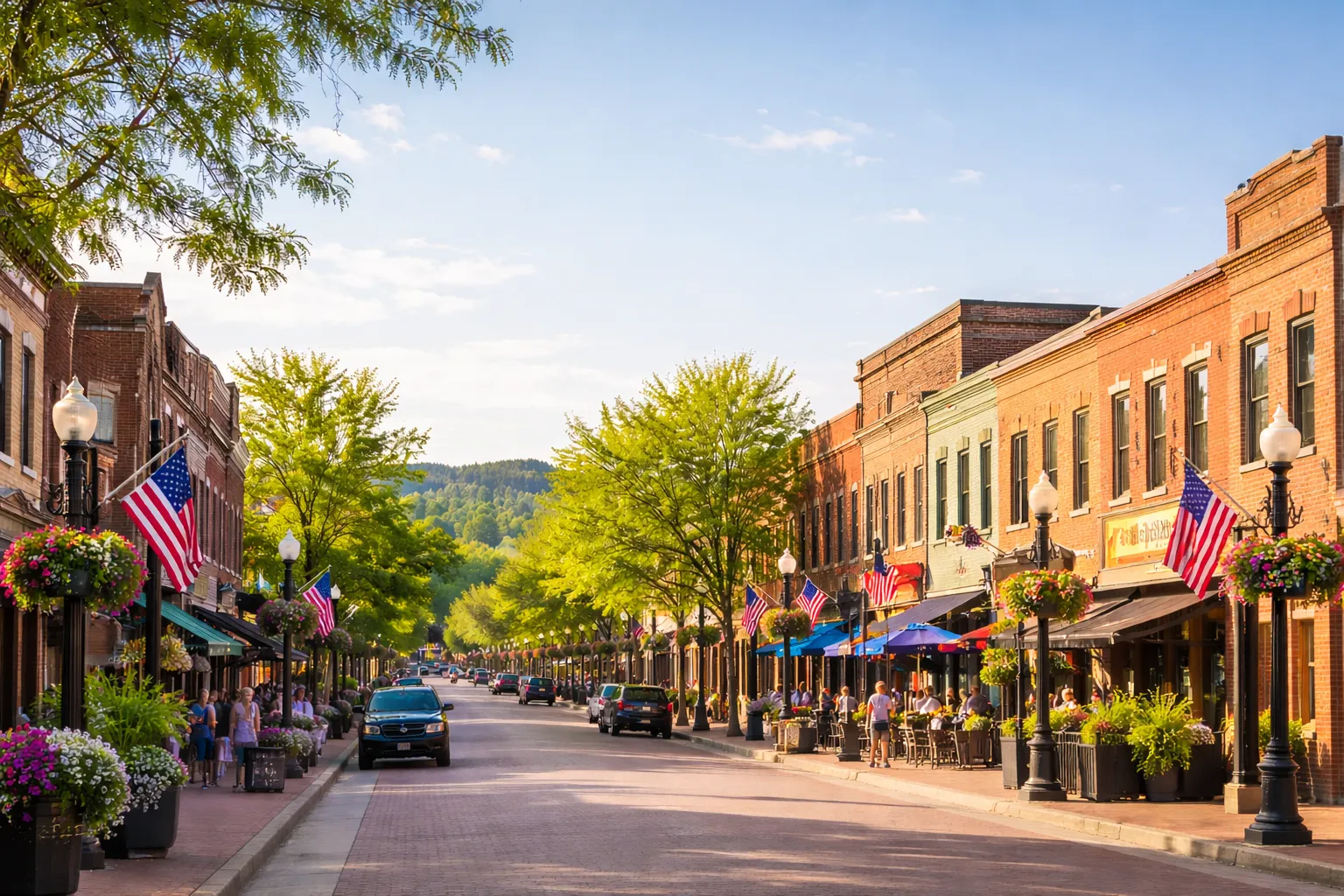 Historic downtown street in Arvada, Colorado with shops, restaurants, and outdoor seating
