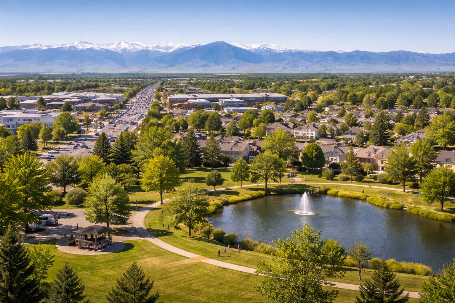 Aerial view of suburban neighborhoods and park in Thornton, Colorado with mountain backdrop